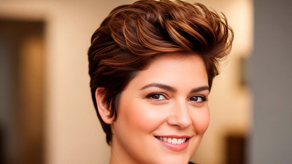 O pixie cut com volume no topo alonga a silhueta