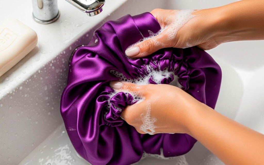 Sua touca de cetim também merece um banho